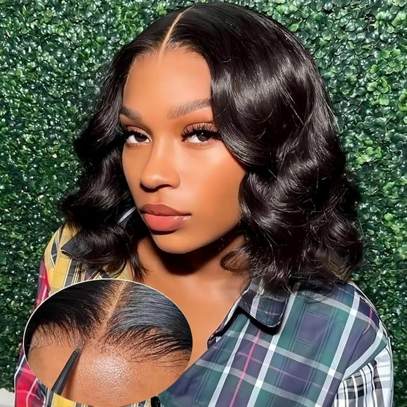 Glueless Wigs Human Hair Pre Plucked Pre Cut 4x4 Body Wave Bob Wig Human Hair Wear and Go Glueless Wigs Pre Plucked Pre Cut Natural Hairline 150% Density Natural Color (10 Inch)