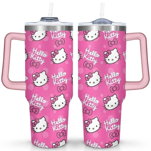 Glulhu Hello Kitty 40oz Stainless Steel Tumbler with Handle, Large Insulated Travel Mug for Coffee Tea Water, Durable Double Wall Cup with Cute Kitty Design 3
