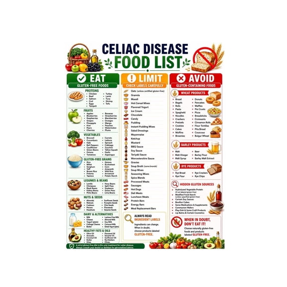 Gluten Free Diet Food List Poster Celiac Disease Guide Chart Canvas