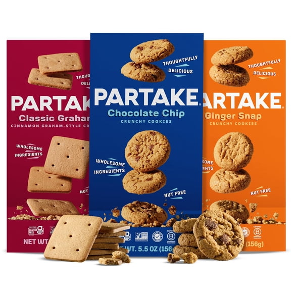 Gluten Free Partake Crunchy Cookies Variety Pack (Chocolate Chip, Ginger Snap, Classic Graham Cracker) - Vegan - Free From the Top 9 Allergens - (3 Pack, 5.5oz Boxes)