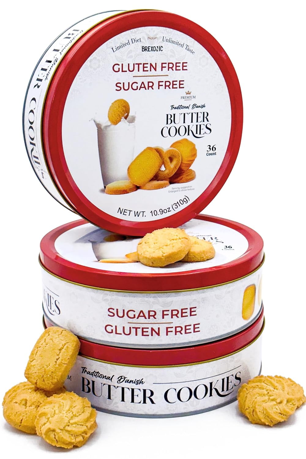 Gluten Free Sugar Free Butter Cookies Variety Tin 36 Count Traditional