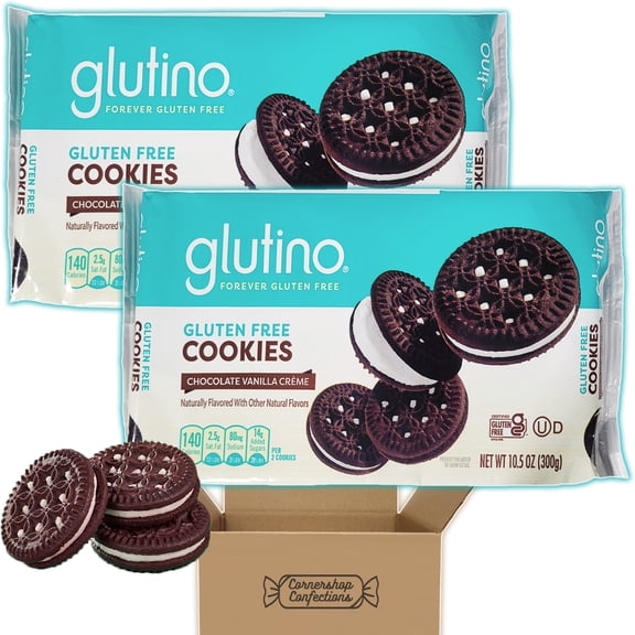 Glutino Chocolate Vanilla Creme Cookies Bundle Pack - 2 Packages, Each 10.5 Ounces and Approximately 10 Servings - Kosher Certified and Gluten Free - For Snack, Lunch in Cornershop Confections Pack