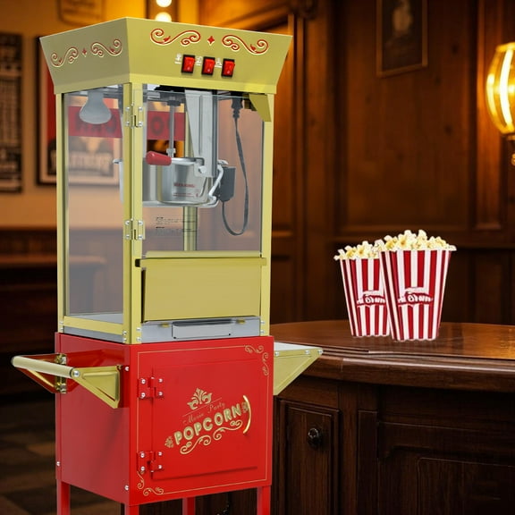 Glxaias 12oz Popcorn Machine Cart with Wheels,Stainless Steel Kettle, Movie Theater Style Popcorn Machine,Red