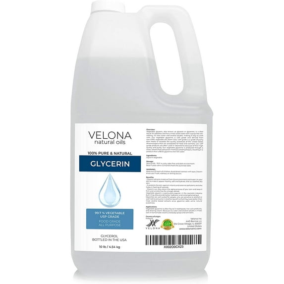 Glycerin Vegetable USP Grade by Velona - 10 lb | 100% Pure and Natural Carrier Oil | Hair and Face Moisturizer for Dry Skin, Bubble Bath, Glycerin Soap, Soap Base | Use Today - Enjoy Results
