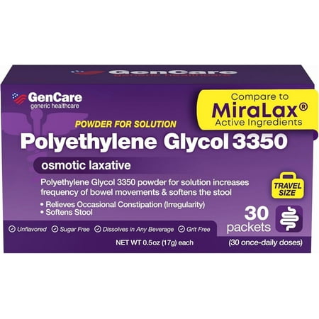 GenCare Polyethylene Glycol 3350 Laxative Powder for Constipation Relief, Unflavored, 100 Count