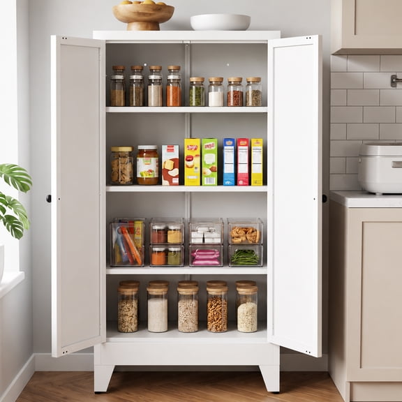 Glyxxen 47" Kitchen Pantry Cabinet, Metal Storage Cabinet, Modern Tall Steel Pantry Cupboard with 2 Doors and Adjustable Shelves for Kitchen Garage and Home, White