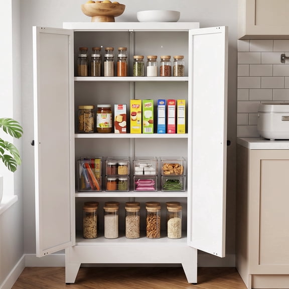 Glyxxen 47" Kitchen Pantry Cabinet, Metal Storage Cabinet, Modern Tall Steel Pantry Cupboard with 2 Doors and Adjustable Shelves for Kitchen Garage and Home, White