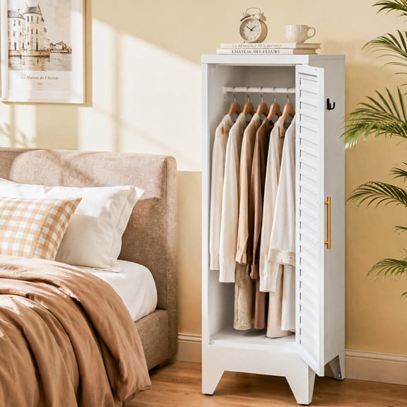 Glyxxen 47" Metal Armoire Wardrobe Cabinet, Steel Freestanding Clothing Storage Cabinet with Hanging Rod for Bedroom, Living Room, Entryway, White