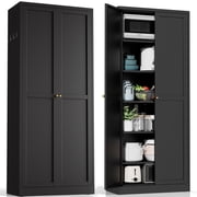 Glyxxen 72" Height Kitchen Pantry Cabinet, Metal Storage Cabinet, Modern Tall Steel Pantry Cupboard with 2 Doors and Adjustable Shelves for Kitchen Garage and Home, Black