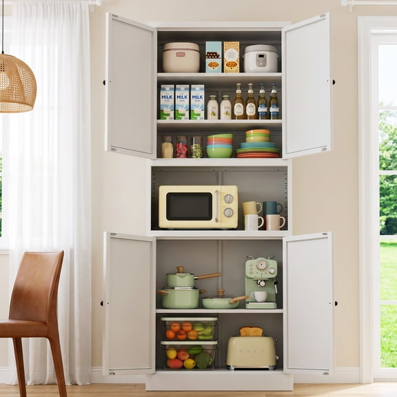Glyxxen 72" Kitchen Pantry Cabinet, Metal Storage Cabinet, Modern Tall Steel Pantry Cupboard with 4 Doors and Adjustable Shelves for Kitchen Garage and Home, White