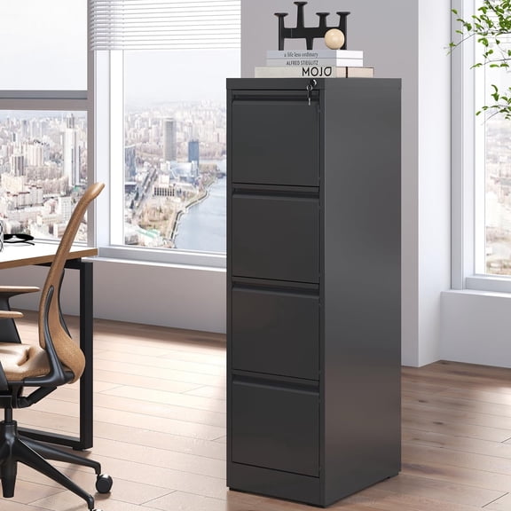 Glyxxen File Cabinet 4 Drawer with Lock, Vertical Filing Cabinets for Home Office, Metal Steel Storage Cabinet for Letter/Legal Size File, Assembly Required, Black