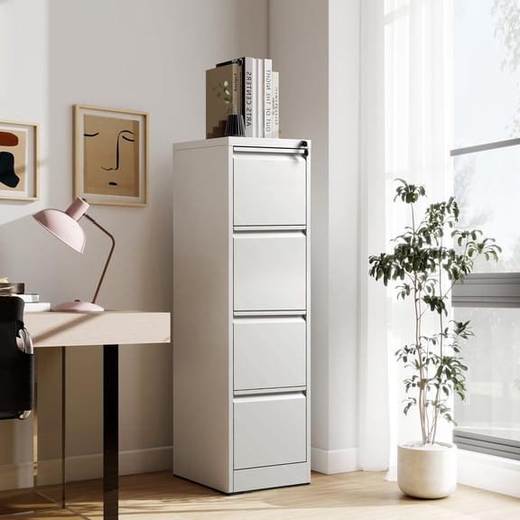 Glyxxen File Cabinet 4 Drawer with Lock, Metal Steel Vertical Filing Storage Cabinets for Home Office Letter/Legal Size File, Assembly Required, White