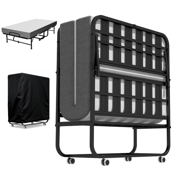 Glyxxen Folding Bed with Mattress, 75"x38" Portable Rollaway Guest Beds with Wheels, Twin Size Metal Bed Frame for Adults Small Apartment, Guest Room, Camping