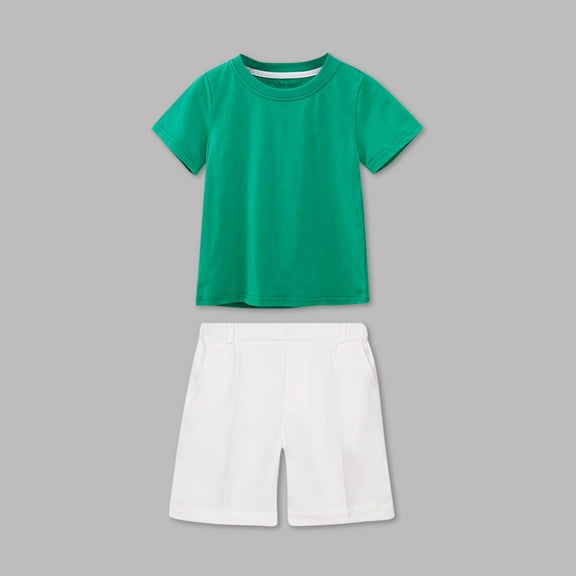 Gmdeguo Boys' and Girls' Loose Casual Solid Color 2-Piece Set, Round Neck Short Sleeved T-shirt Elastic Waist Shorts, Cheerleading Performance Dress, for 4-15 Years Suitable for School