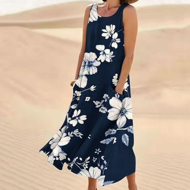 Gmdeguo Summer Dresses for Women 2024 Elegant Print Swing Hem Tank Midi Dresses Casual Plus Size Sleeveless Crewneck Sundress