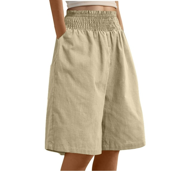 Gmdeguo Women's Casual Elastic Waist Capris Pants - Breathable Cotton Linen Blend Solid Color Mid-Calf for Daily Wear, Travel & Summer Outfits