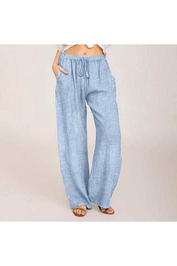 Women's Casual Stripe Linen Drawstring Elastic Waist Long Wide Leg Pants Polyester Breathable All Seasons Beach Daily Sporty Asian Fit