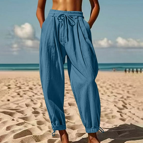 Gmdeguo Women's Spring & Summer Casual Solid Color Jogger Pants, Two Pockets, Faux Cotton-Linen Fabric, Comfortable and Stylish 3/4-Length Trousers