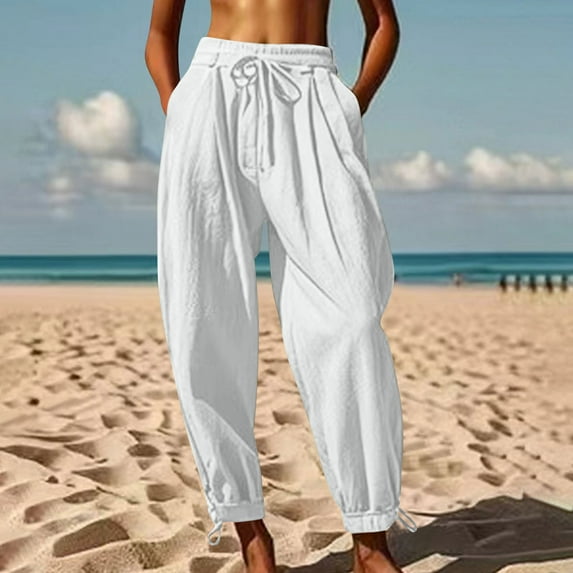 Gmdeguo Women's Spring & Summer Casual Solid Color Jogger Pants, Two Pockets, Faux Cotton-Linen Fabric, Comfortable and Stylish 3/4-Length Trousers