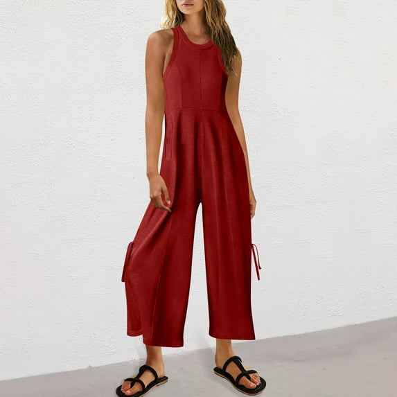 Gmdeguo Women's Summer Casual Romper Jumpsuit, Polyester, Sleeveless with Pocket, Strap Button, Breathable Lightweight Soft Comfortable, for Daily Casual Wear, Playsuit