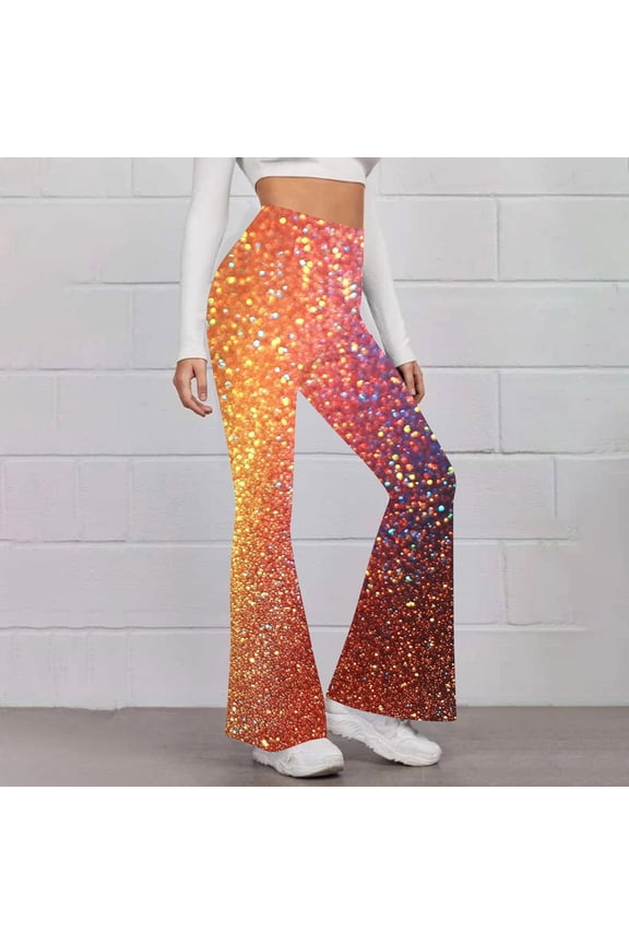 Womens Casual Sparkly Sequin Pants High Waisted Wide Leg Palazzo Bell Bottom Dance Trousers Loose Pull On Comfy 70s Magic Glitter Disco Party Long Maxi Pants
