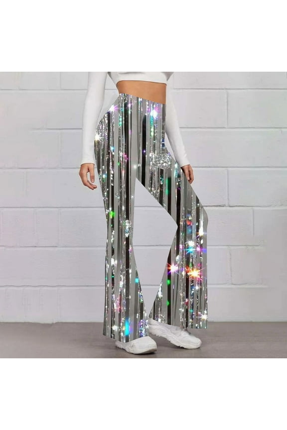 Womens Casual Sparkly Sequin Pants High Waisted Wide Leg Palazzo Bell Bottom Dance Trousers Loose Pull On Comfy 70s Magic Glitter Disco Party Long Maxi Pants