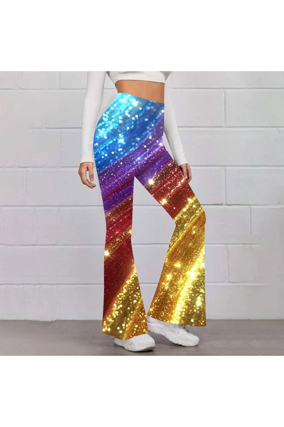 Womens Casual Sparkly Sequin Pants High Waisted Wide Leg Palazzo Bell Bottom Dance Trousers Loose Pull On Comfy 70s Magic Glitter Disco Party Long Maxi Pants