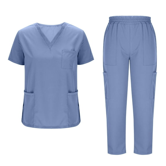 Gmdeguo Womens Scrub Sets Summer Two Piece Tops Trousers Plus Size Casual Loose Comfy Short Sleeve V-Neck Top Pants Solid Color Nursing Uniform Work Sets with Pockets
