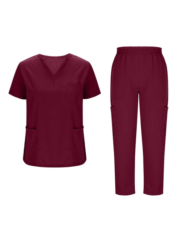 Womens Scrub Sets Summer Two Piece Tops Trousers Plus Size Casual Loose Comfy Short Sleeve V-Neck Top Pants Solid Color Nursing Uniform Work Sets with Pockets