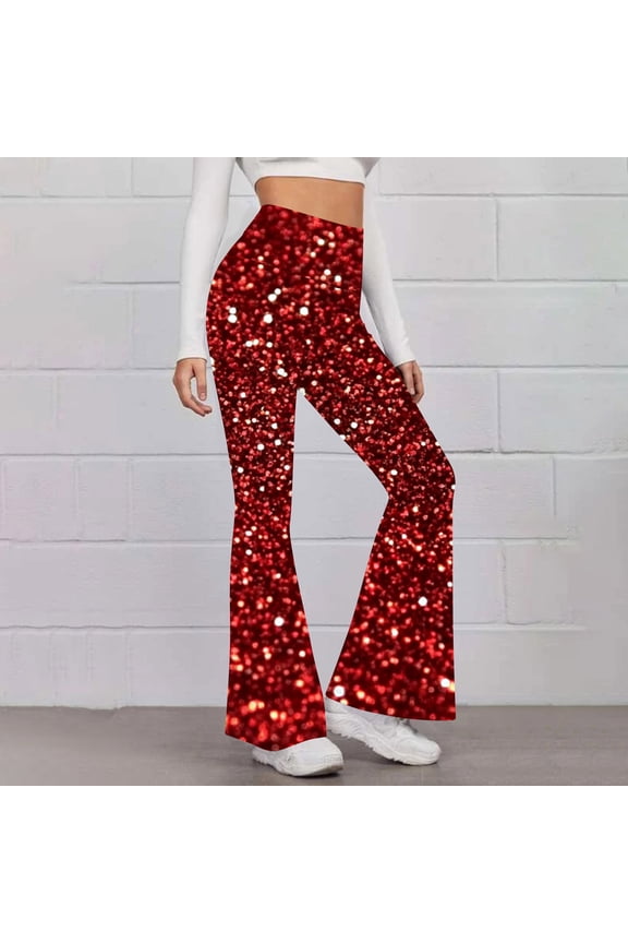 Womens Sequin Pants Glitter Sparkly High Waisted Wide Leg Flare Trousers Bell Bottom Night Out Y2K Clubwear Streetwear Wide Leg Dance Long Pants Vintage Disco Outfits