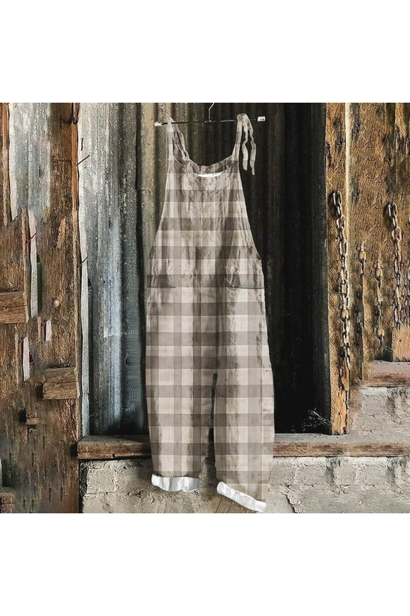 Womens Vintage Casual Plaid Print Sleeveless Plus Size Bib Jumpsuit Summer Loose Wide Leg Harem Dungareers Stylish Vacation Party Romper Jumpsuit Playsuit