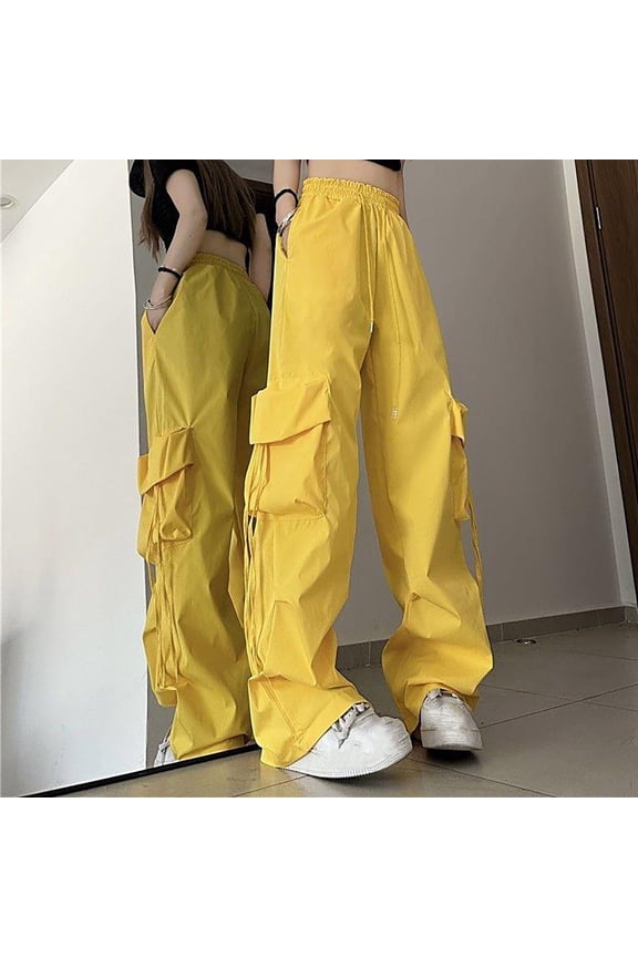 Womens Wide Leg Y2k Parachute Pants Baggy High Waisted Cargo Pants Lightweight Summer Casual Hip Hop Streetwear Grunge Punk Trousers with Pocket