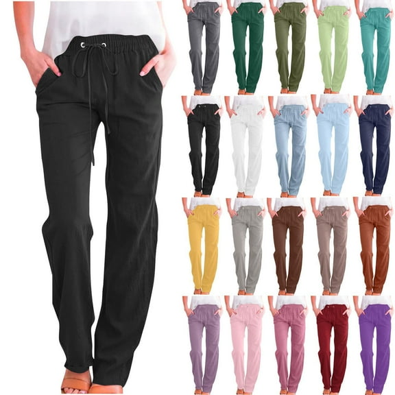Gmluru 2025 Fall Pants for Women Solid Color Drawstring Cotton And Linen Elastic Trousers with Pocket Business Work Long Straight Pants Black S-5XL