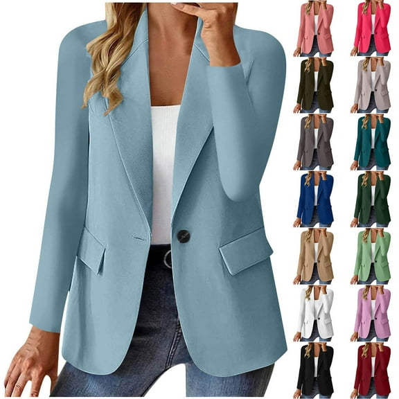 Gmluru Blazers For Women Light Blue Fake Pocket Button Long Sleeve Lapel Slim Cardigan Suit Jacket Plus Size S-3XL