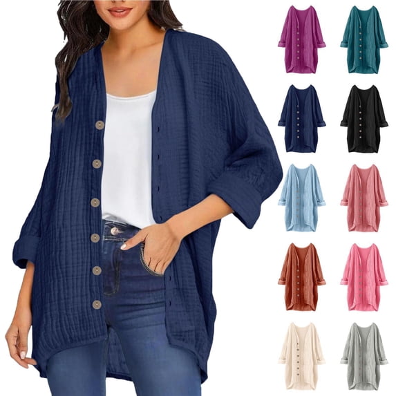 Gmluru Cardigan Sweaters For Women Lightweight Long Sleeved Loose And Casual Solid Color Button Shirt Tops Navy Outfits Fashion Clothes 2025 M
