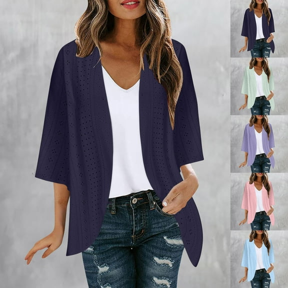 Gmluru Cardigan Sweaters For Women Summer Long Sleeve Printing Casual Blouse With Pocket Dark Blue Outerware Coats L