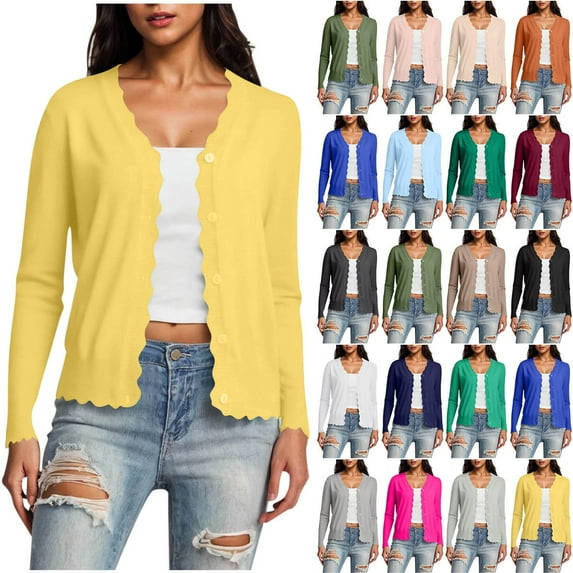 Gmluru Cardigan Sweaters For Women Summer Long Sleeve V-Neck Short Solid Color Knitted Button Hoodless Casual Outwear Yellow Outerware Coats 2XL