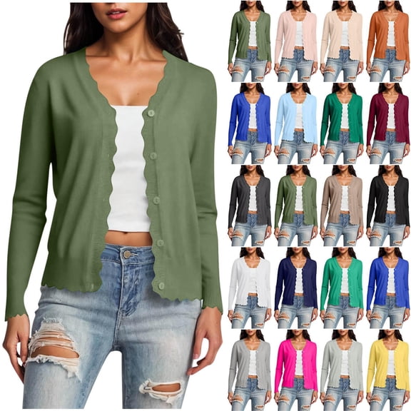 Gmluru Cardigan Sweaters For Women Plus Size Long Sleeve V-Neck Short Solid Color Knitted Button Hoodless Casual Outwear Army Green Oversized Open Front Knitted Sweater XL