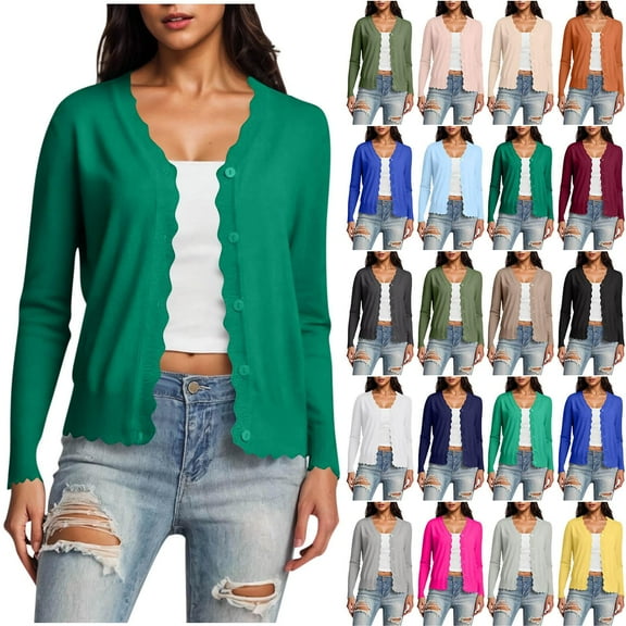 Gmluru Cardigan Sweaters For Women Plus Size Long Sleeve V-Neck Short Solid Color Knitted Button Hoodless Casual Outwear Green Oversized Open Front Knitted Sweater M