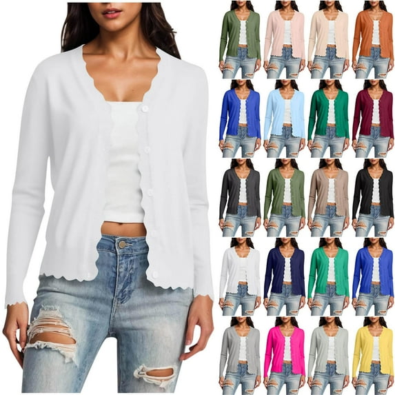 Gmluru Cardigan Sweaters For Women Plus Size Long Sleeve V-Neck Short Solid Color Knitted Button Hoodless Casual Outwear White Oversized Open Front Knitted Sweater L