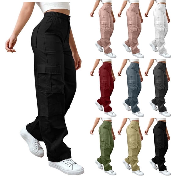 Gmluru Cargo Pants for Women Casual Solid Color Stretch Waist Button Zipper 6 Pockets Outdoor Hiking Overwear Business Work Travel Pants Black S-2XL
