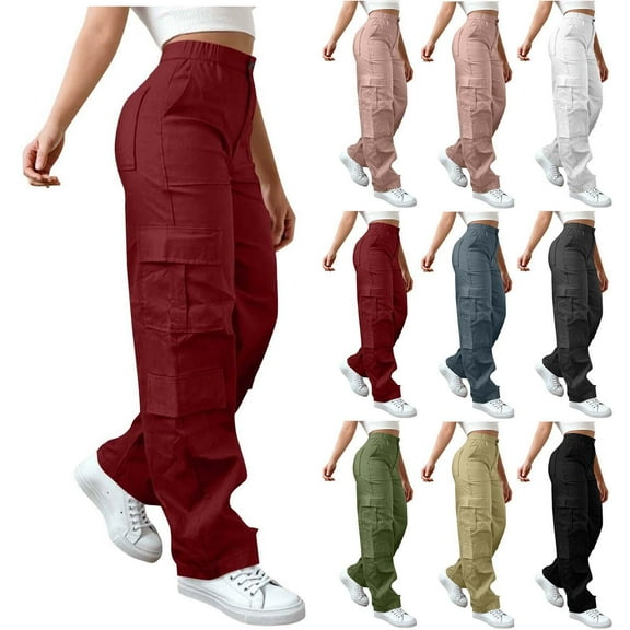 Gmluru Cargo Pants for Women Casual Solid Color Stretch Waist Button Zipper 6 Pockets Outdoor Hiking Overwear Business Work Travel Pants Wine S-2XL