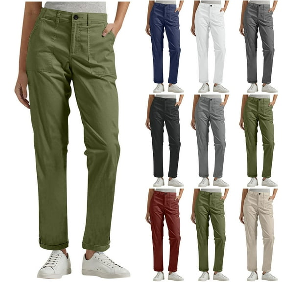 Gmluru Cargo Pants for Women Elastic Waist Solid Color Buttons Comfortable And Casual Cargo Belt Pockets Business Work Travel Pants Army Green S-5XL