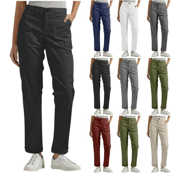 Gmluru Cargo Pants for Women Elastic Waist Solid Color Buttons Comfortable And Casual Cargo Belt Pockets Business Work Travel Pants Black S-5XL