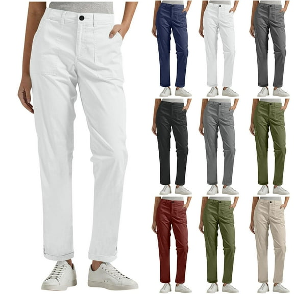 Gmluru Cargo Pants for Women Elastic Waist Solid Color Buttons Comfortable And Casual Cargo Belt Pockets Business Work Travel Pants White S-5XL