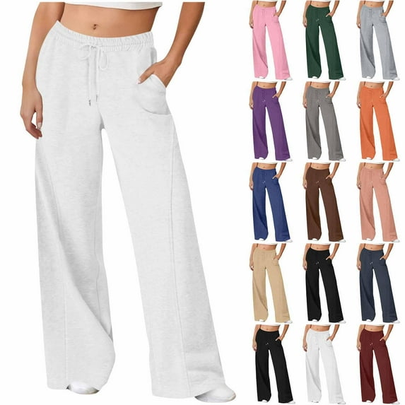Gmluru Cargo Pants for Women Solid Color Casual Straight Leg Wide Leg Drawstring Pocket Business Work Travel Pants White S-2XL