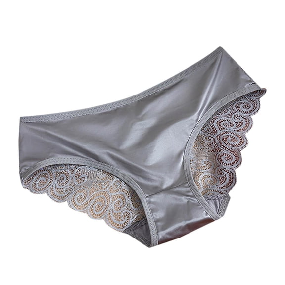 Gmluru Ladies Panties Solid Color Lace Bow Mid Low Waist Hollow Out Mesh Gauze Briefs Gray Underwear Plus Size XL