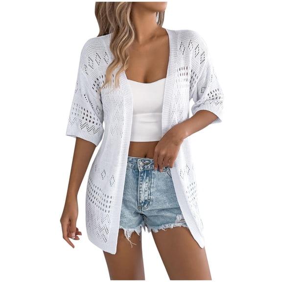 Gmluru Lightweight Cardigans For Women Casual Oversize Solid Color Hollow Out Mid Sleeve Knitted Tops Coat White Winter Clothing Outerwear Coats XL