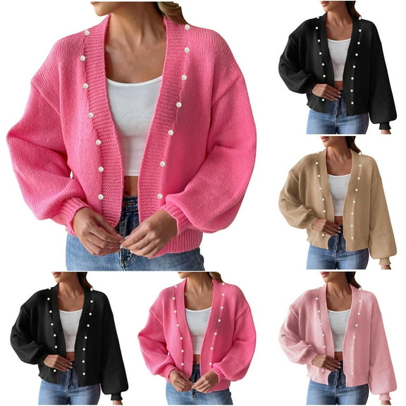 Gmluru Lightweight Cardigans For Women Solid Color-Neck Fall And Winter Loose Sweater Long Sleeve Top Coat Hot Pink Winter Clothing Outerwear Coats M