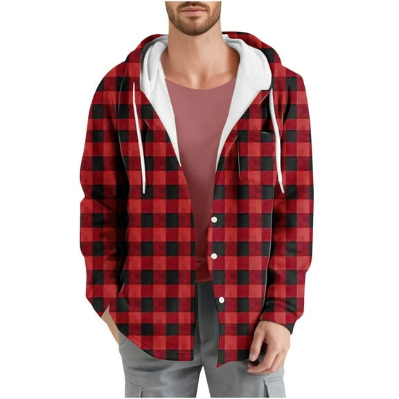 Gmluru Men's Plaid Jacket Check Print Pocket Long Sleeved Button Hooded Plaid Winter Coats